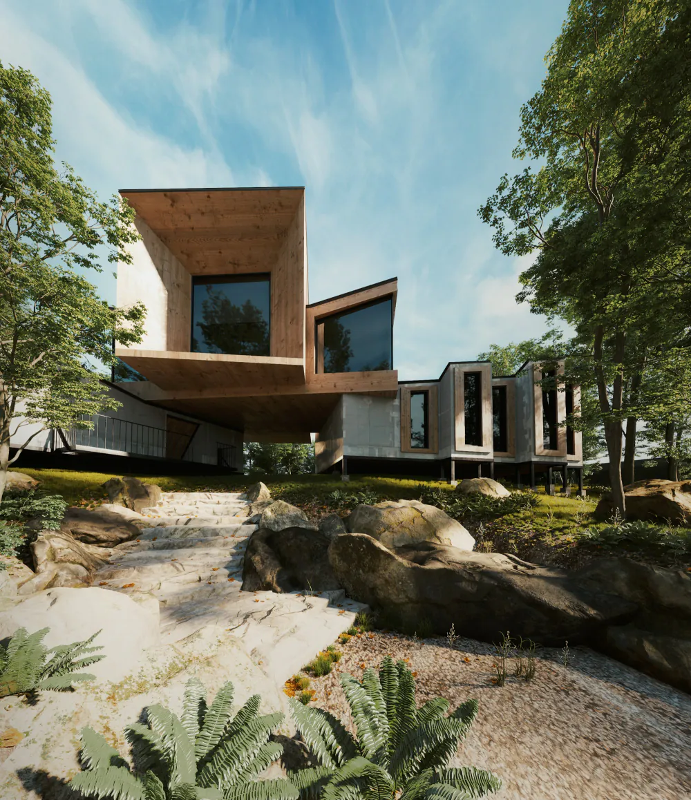 Haus aus Holz und Beton zwischen Bäumen